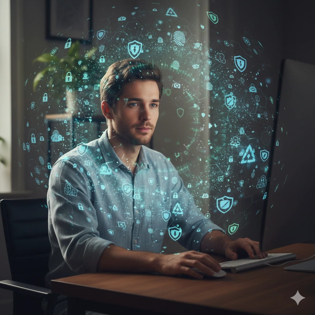 An image showing digital security icons around a person.